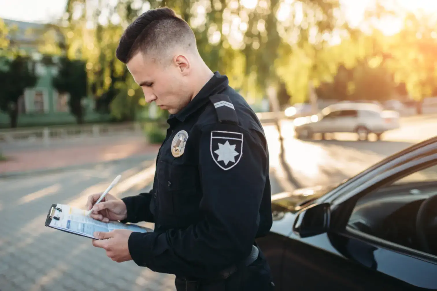 Male Police Officers Writes A Fine On The Road Creative Security provides high quality police background checks