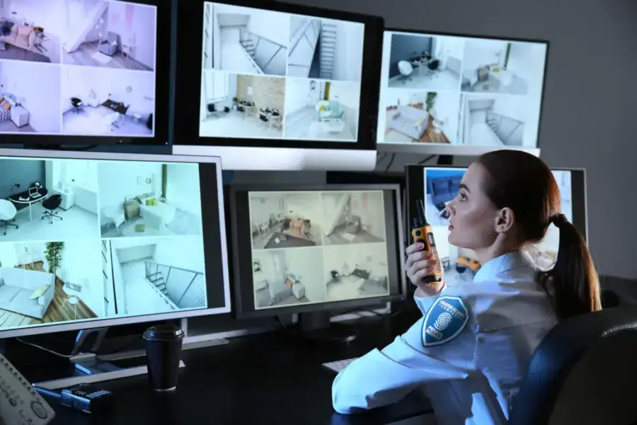 Female security guard monitoring CCTV cameras in surveillance room.
