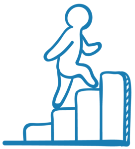 Figure climbs staircase to symbolize career advancement.