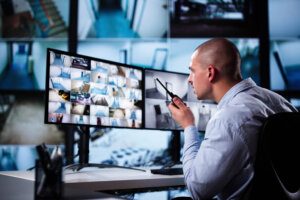 Security System Cctv Monitor Room. Man Using Walkie Talkie stock photo